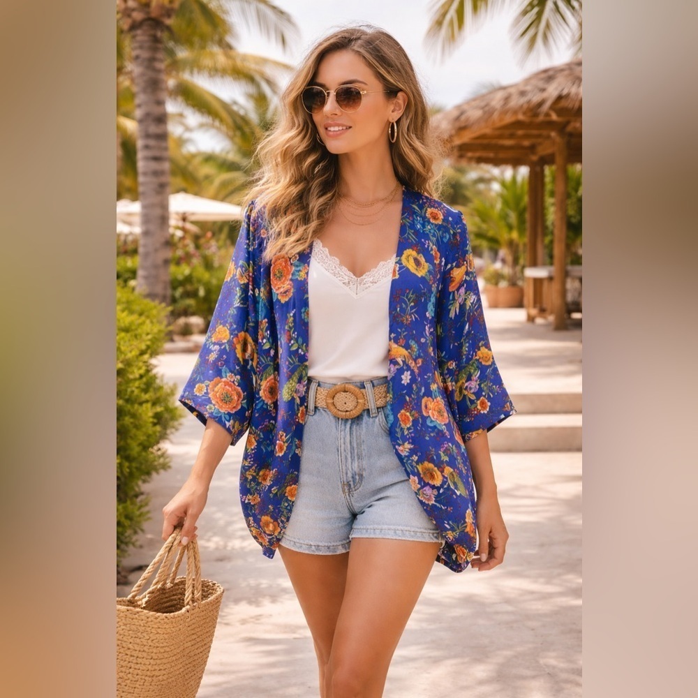 Forever 21 Royal Blue Floral and Peacock Kimono size M. Vibrant colors
